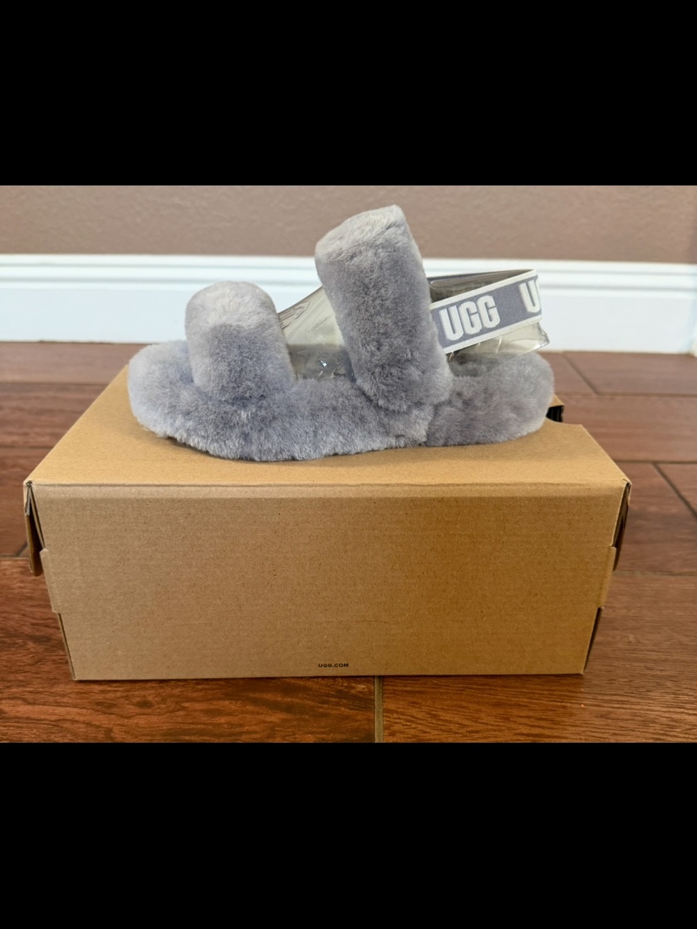 UGG Kids Oh Yeah Slide in Grey Shearling with Clear Strap